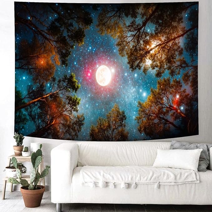 Delur Forest Tapestry Galaxy Moon Stars Night Space Starry Sky Wall Hanging Tapestry Aesthetic Tree Nature Landscape Psychedelic Headboard for Bedroom Living Room Home Decor (51.2" x 59.1")-Ruum Studio Home