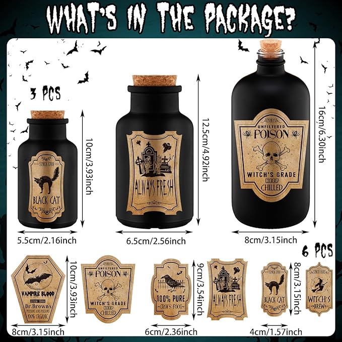 Umigy 3 Pcs Vintage Glass Potion Bottles with Cork Lid Black Halloween Tiered Tray Decoration 12 Apothecary Bottles Jars Stickers Labels Halloween Table Home Bathroom Decorations Indoor-Ruum Studio Home