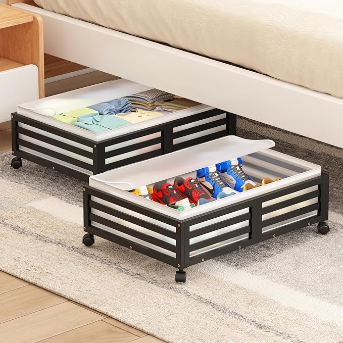 Under Bed Storage with Wheels-Large Bamboo Underbed storage Containers with Large Dust Bag Stackable Under the Bed Shoe Storage Bins for Clothes Books Bedding (2 Packs Black, 23.62"L×16.54"W× 6.51"H)-Ruum Studio Home