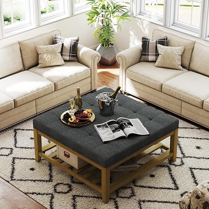 Large Square Ottoman Coffee Table, Linen Solid Upholstered Footrest Ottoman with Solid Wood Shelf Storage Tufted Coffee Table for Bedroom Living Room, Dark Gray-Ruum Studio Home
