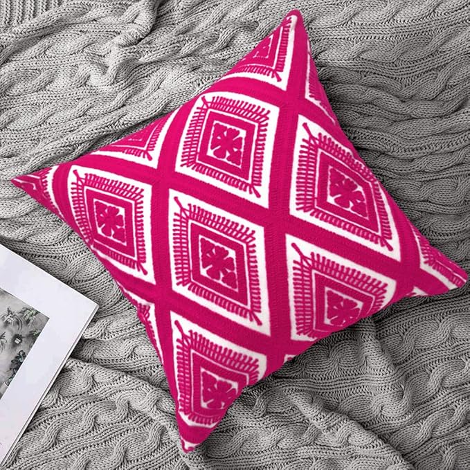 Alysheer Embroidered Decorative Throw Pillow Covers 18x18 inches Set of 2 Pieces, Boho Geometric Modern Chic Classic Pattern Cotton Cushion Cases for Sofa Couch Bed Living Room(Bright Hot Pink)-Ruum Studio Home