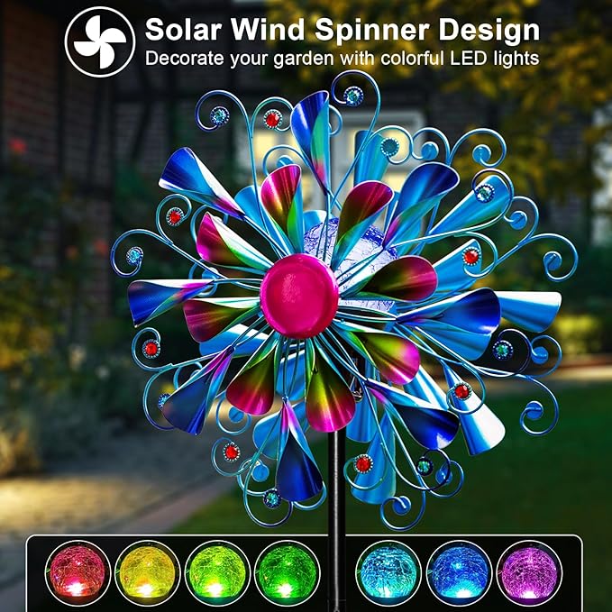 60'' Wind Spinner with Color Glass Ball Solar Lights, Blue Peacock Feathers Metal Garden Outdoor Decor Yard Lawn Art Decor for Patio Kinetic Windmills Unique Gifts for Friends and Family-Ruum Studio Home