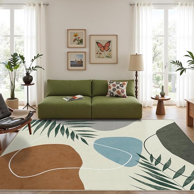 Indoor Outdoor Area Rug, Mid Century Outdoor Patio Rug, Washable Abstract Art Leaves Eucalyptus Rugs, Non-Slip Carpet for Camping, Living Room, Bedroom, Deck(5x8)-Ruum Studio Home