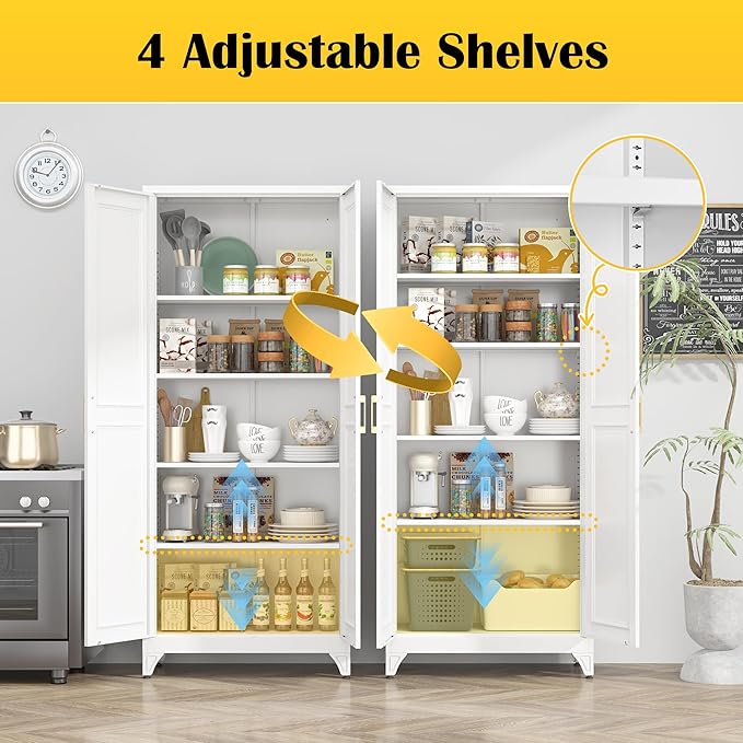 Kitchen Pantry Cabinet,75”White Metal Storage Cabinets with Doors and 4 Adjustable Shelves,Kitchen Cabinet with 2 Gold Handles,Tall Cabinet for Livingroom,Pantry, Bathroom-Ruum Studio Home