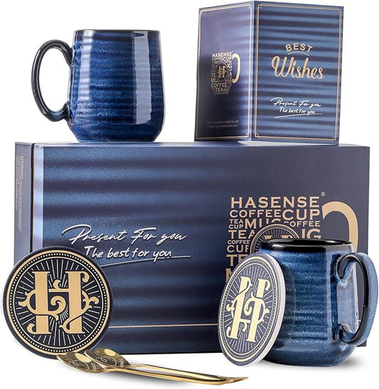 Hasense Coffee Mugs Set of 2, 12oz Ceramic Glazed Mugs with Handles, Blue Reactive Glazes Tea Cups Gift Set for Men and Women, Includes Gold Spoon & Coaster-Ruum Studio Home