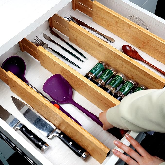 Utoplike Bamboo Drawer Dividers Large(Fits 18.6"-20.6" Drawer Inner Size, Height > 4.05"), Adjustable Kitchen Drawer Organizers for Clothing, Spring Loaded, 4 pcs-Ruum Studio Home