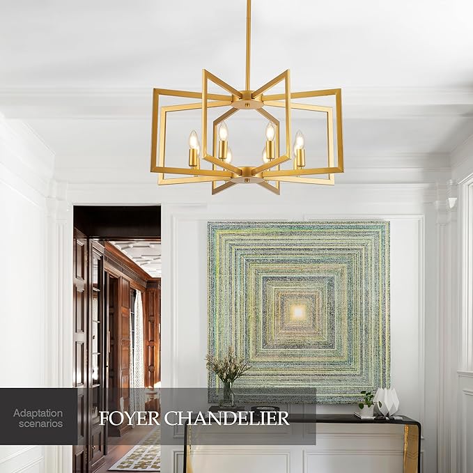 Modern Farmhouse Gold Chandeliers for Dining Room, 8-Light Industrial Metal Chandeliers Geometric Pendant Lights Kitchen Island for Entryway Stairway Foyer Hallway-Ruum Studio Home