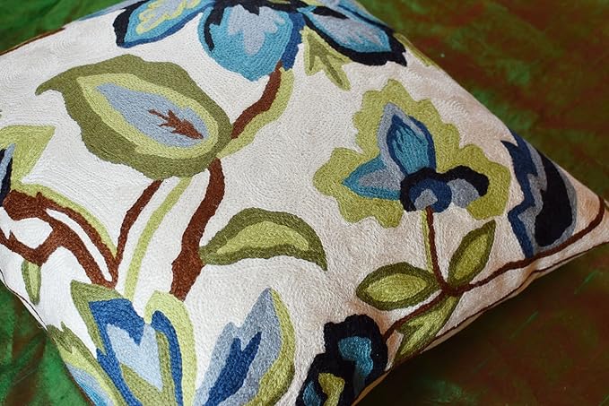 Modern Cream Decorative Floral Pillow Cover Needlepoint White Flower Hand Embroidered Pillowcase Flowery Outdoor Suzani Accent Cushion Boho Chair Modern Chair Pillowsham Wool Size 18x18-Ruum Studio Home