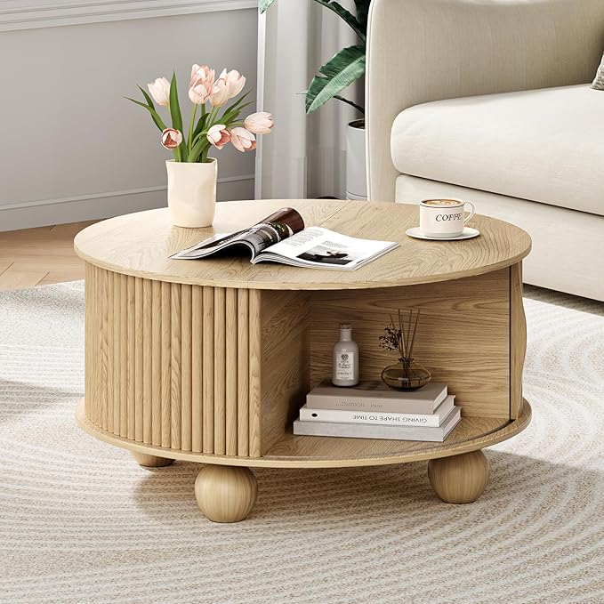 Round Coffee Table with Storage,Fluted Lift Up Coffee Table with Sliding Door,31.5" Drum Center Table with Bun Feet for Living Room,Home Small Space,Oak-Ruum Studio Home
