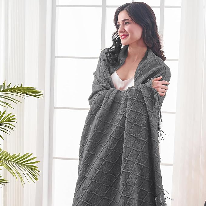 inhand Grey Throw Blanket for Couch and Bed, Soft Living Room Home Decor Knitted Blanket with Tassel, Outdoor Lightweight Breathable Summer Blanket, Farmhouse Warm Woven Decorative, 50"x60"-Ruum Studio Home