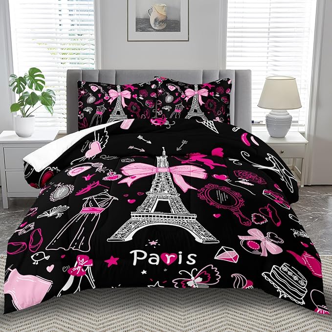 Eiffel Tower Comforter Set Full Size,Eiffel Tower Bedding Set for Girls, Pink and Black Paris Themed Comforter Bedroom Decor,Paris Quilt French Style Romantic Bedding-Ruum Studio Home