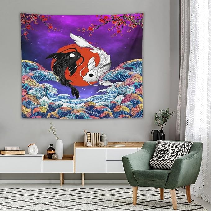 Houselerax Japanese Koi Fish Tapestry, Yin Yang Big Wave Cherry Blossom Tapestries Wall Hanging for Bedroom Living Room Office Decor 60"x50"-Ruum Studio Home