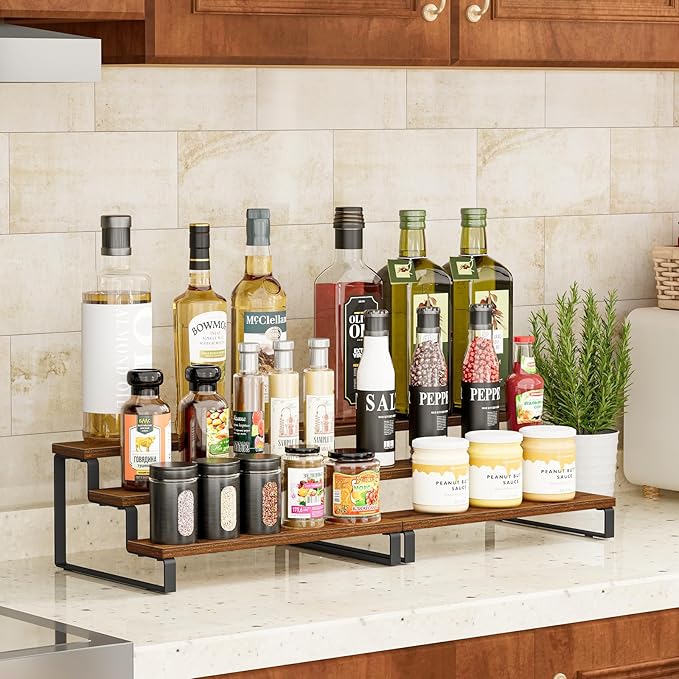 Giikin 3-Tier Spice Rack, 13.8 Inch Wood Countertop Spice Storage Holder, Kitchen Pantry Cabinet Organizer Cupboard for Spice Bottles, Jars, Seasonings, Baking Supplies, Metal Frame(Set of 2)-Ruum Studio Home