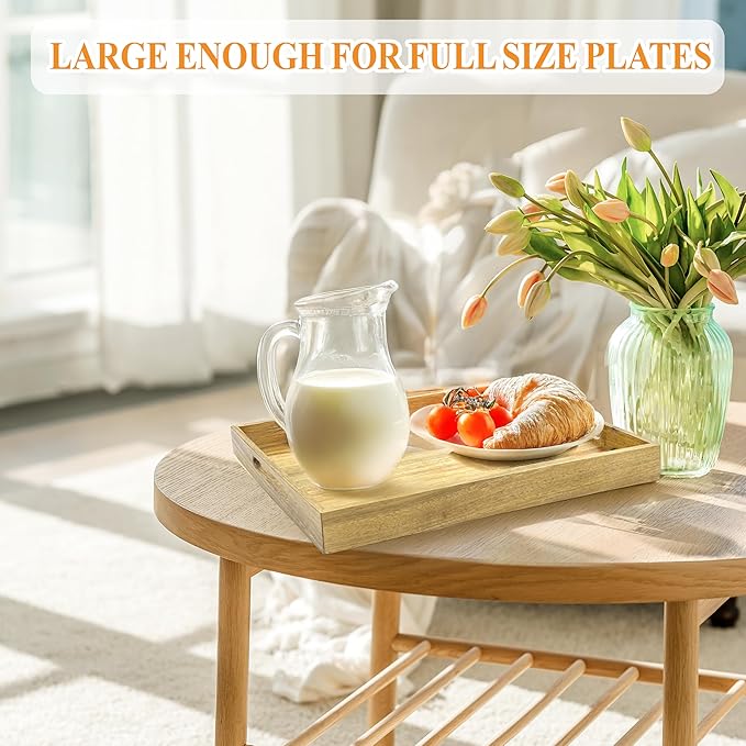 3 Pack Acacia Wood Serving Tray with Handles, Decorative Serving Trays Platter for Breakfast in Bed, Lunch, Dinner, Patio, Ottoman, Coffee Table, BBQ, Party, Great for Lap &Couch (Set of 3)-Ruum Studio Home