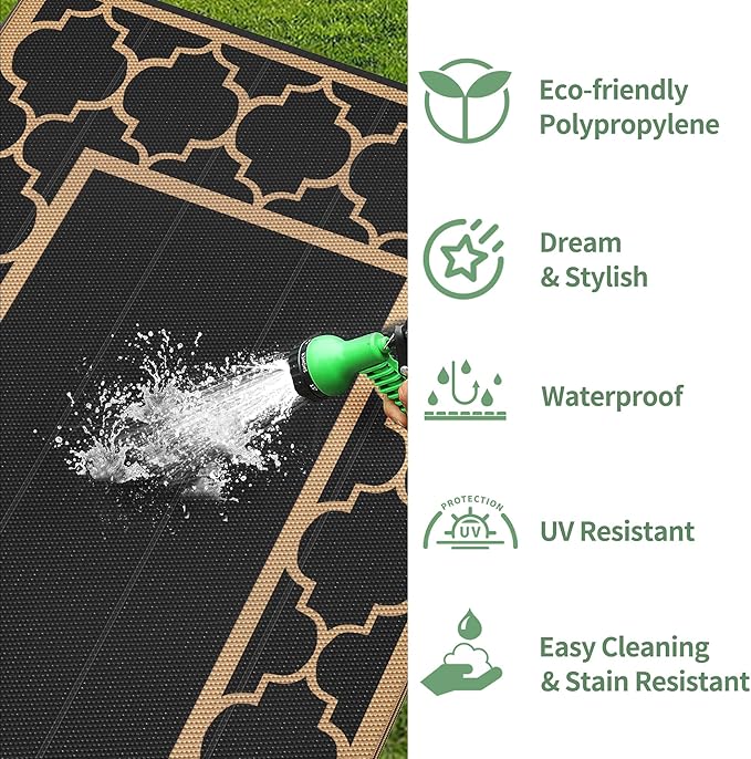 GENIMO Outdoor Rug Waterproof for Patio Decor, 6'x9' Reversible Plastic Straw Rug Carpet, Camping Mats for Outdoor, RV, Backyard, Deck, Balcony, Picnic, Black & Grey-Ruum Studio Home