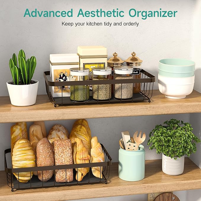 2 Tier Fruit Basket for Kitchen Counter with 2 Banana Hangers, 2025 Pro Detachable Metal Fruit Bowl with Wooden Handle,Fruit Holder for Bread Snack Veggies, Brown-Ruum Studio Home