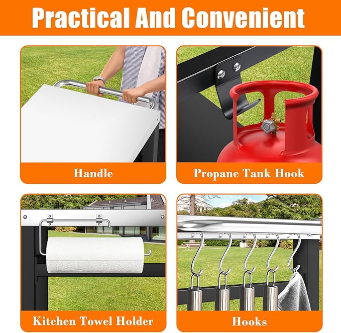 Outdoor Grill Table, Movable Dining Cart, Pizza Oven Table Stand, Double-Shelf Grill Stand, Food Prep and Work Cart with Wheels, Hooks, Fits for Blackstone Ninja-Ruum Studio Home