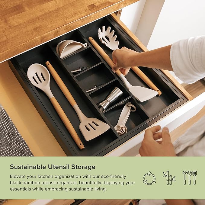 Adjustable Kitchen Drawer Organizer for Utensils and Junk, Food-Safe Contract Grade with 100% Sustainable Wood, Expandable from 16 to 28 Inches Wide - Black Bamboo-Ruum Studio Home