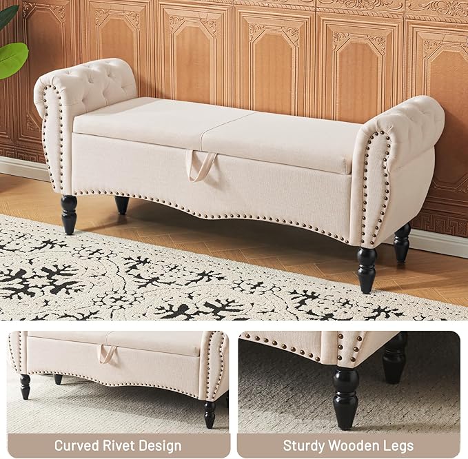Furniliving Storage Ottoman Bench for Bedroom, Upholstered End of Bed Bench with Solid Wood Legs Modern Shoe Storage Bench Indoor Bench for Living Room Entryway Bench Furniture,Beige, Linen-Ruum Studio Home