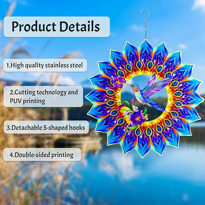 Hummingbird Wind Spinner,Hanging Wind Spinners Outdoor for Garden Decoration，15.7 inch 3D Stainless Steel Wind Sculpture for Indoor/Outdoor Decor-Ruum Studio Home