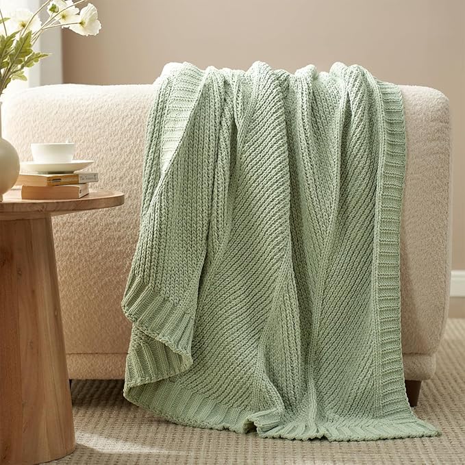 Amélie Home Chenille Knit Throw Blanket for Couch, Chevron Texture Decorative Soft Blanket for Sofa, Bed & Chair, 50"x60", Sage Green-Ruum Studio Home