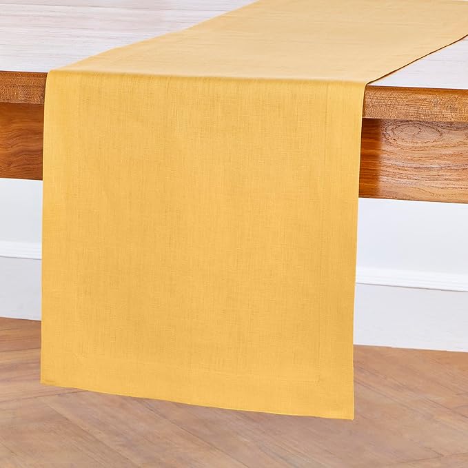 Solino Home Linen Mustard Yellow Table Runner 60 Inches - 100% Pure Linen Farmhouse Short Table Runner 14 x 60 Inch Ideal for Dresser and Coffee Tables - Fete-Ruum Studio Home