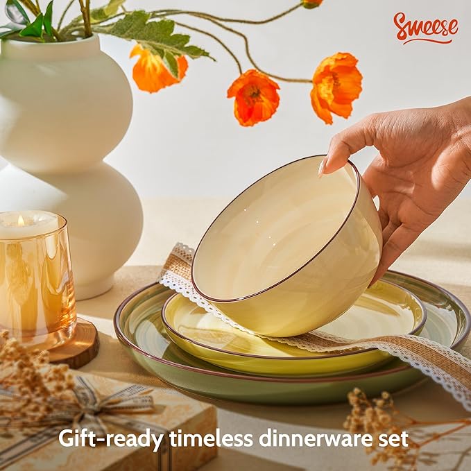 Sweese Plates and Bowls Sets, 18 Piece Dinnerware Set Porcelain Round Dinner Set for 6, Scratch Resistant Dishes Set, Dishwasher and Oven Microwave Safe Handpainted Swirl Dishware Sets, Assorted Green-Ruum Studio Home