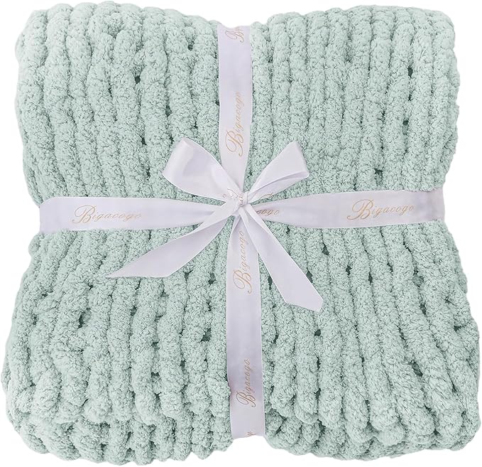 Bigacogo Chunky Knit Throw Blanket for Couch, 51x63 inches, 100% Hand Knitted with Thick Jumbo Chenille Yarn, Cozy Soft Large Rope Knot Cable Crochet Blankets for Sofa Bed Living Room, Mint-Ruum Studio Home