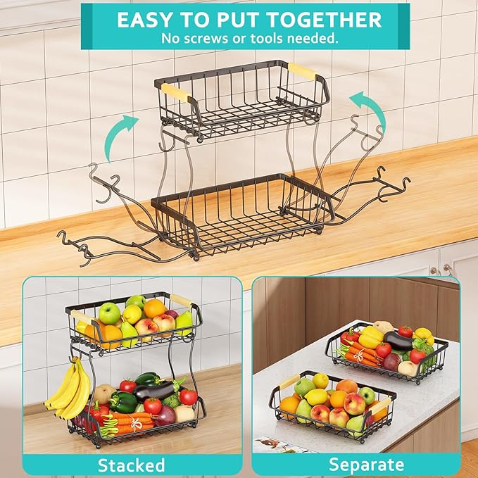 2 Tier Fruit Basket with 2 Banana Hangers, Detachable Countertop Fruit Bowls for Kitchen Counter, Metal Wire Fruit Vegetable Storage Holder Stand with Wooden Handles for Bread, Snacks, Veggies-Ruum Studio Home