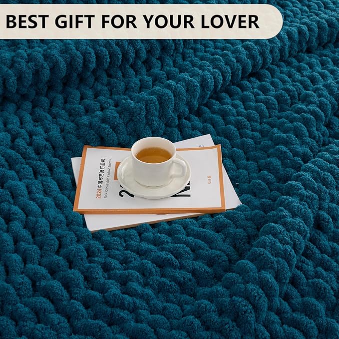 L'AGRATY Chunky Knit Throw: 60''x80'' Chenille Chunky Knitted Blanket for Bed, Couch - Handmade, Thick, Big Cable Knit Blanket - Blue-Ruum Studio Home