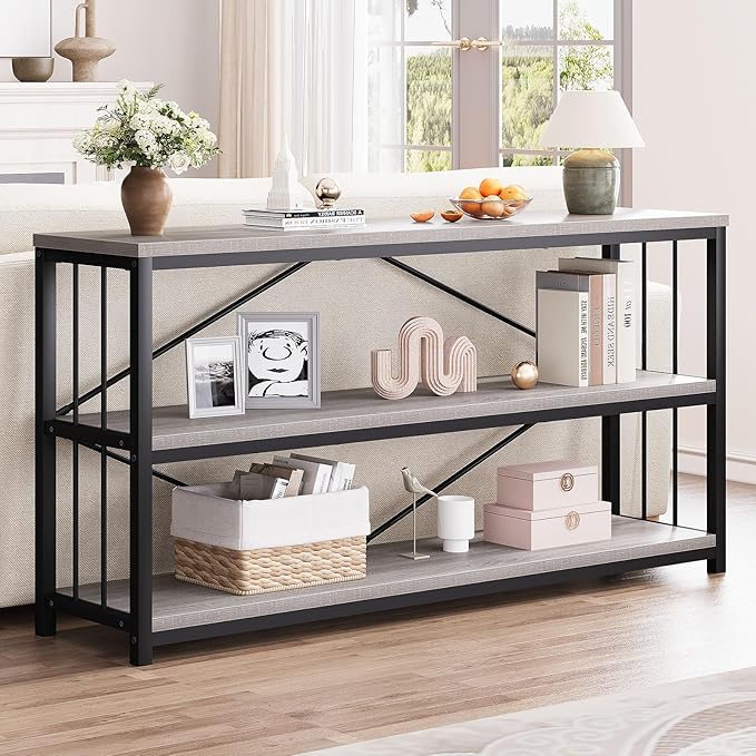 LVB Long Console Table with Storage, Farmhouse Rustic Skinny Entryway Table, Modern Wood Metal Hallway Sofa Table with Shelf, Industrial Narrow Couch Entry Table for Foyer Living Room, Light Grey, 63-Ruum Studio Home