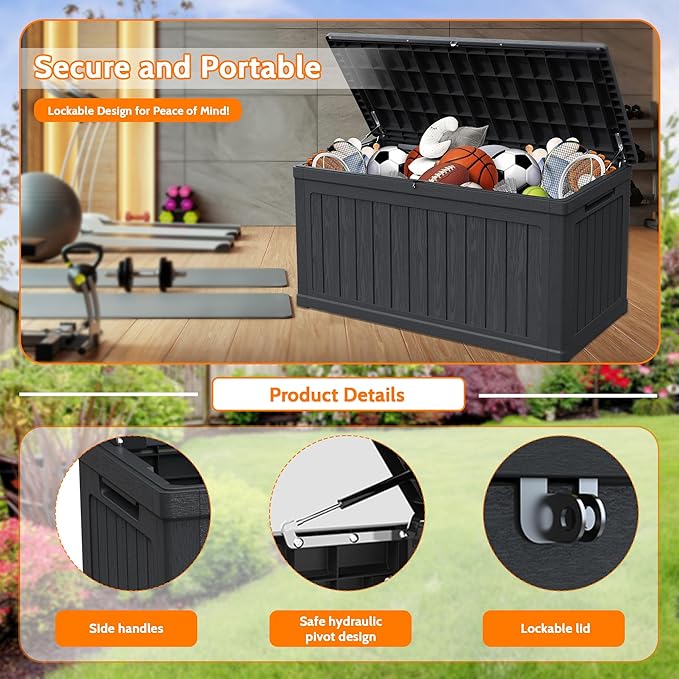 260 Gallon Double-Wall Resin Deck Box - Lockable Waterproof Outdoor Storage Box, 1000lbs Capacity & Doubles as Seating for Patio Furniture - Garden Tools, Pool Accessories (Black)-Ruum Studio Home