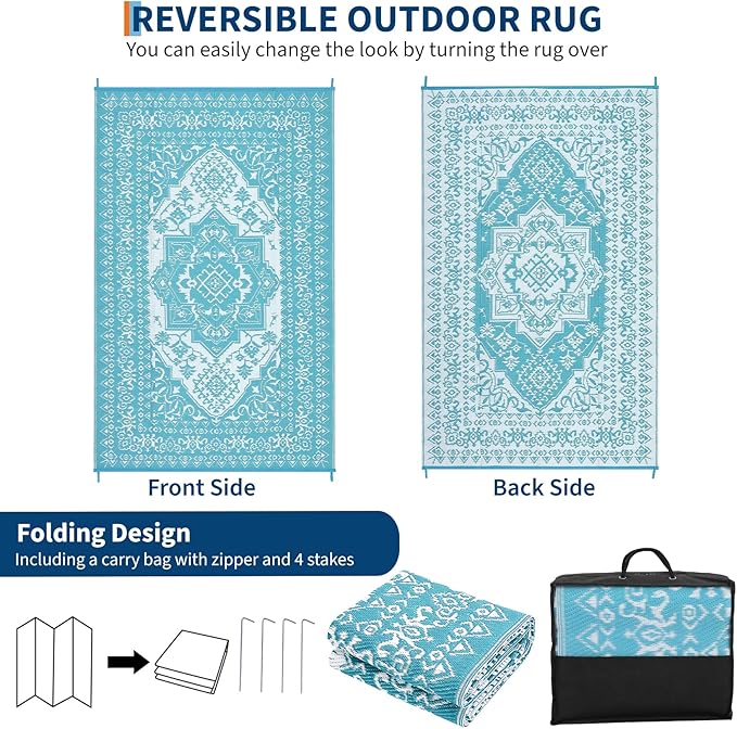 GAOMON Outdoor Rug Waterproof 9x18 Reversible Plastic Straw Rug, Large Rugs for Patio UV-Resistant Portable RV Camping Mats, Indoor Outdoor Medallion Carpet for Deck Porch Garden, Light Blue-Ruum Studio Home