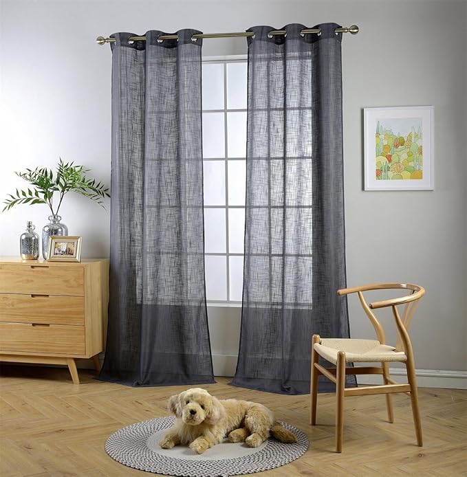 MIUCO Semi Sheer Curtains Poly Linen Textured Solid Grommet Curtains 95 Inches Long for Bedroom 2 Panels (2 x 37 Wide x 95" Long) Charcoal Grey-Ruum Studio Home