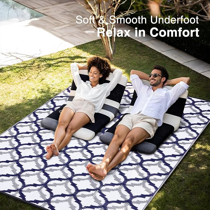 OLANLY Reversible Outdoor Rug 8x10 ft Clearance, Waterproof Outdoor Plastic Straw Rug with Interlacing Pattern, RV Mat for Patio, Camping, Balcony, Deck, Backyard, Navy & White-Ruum Studio Home