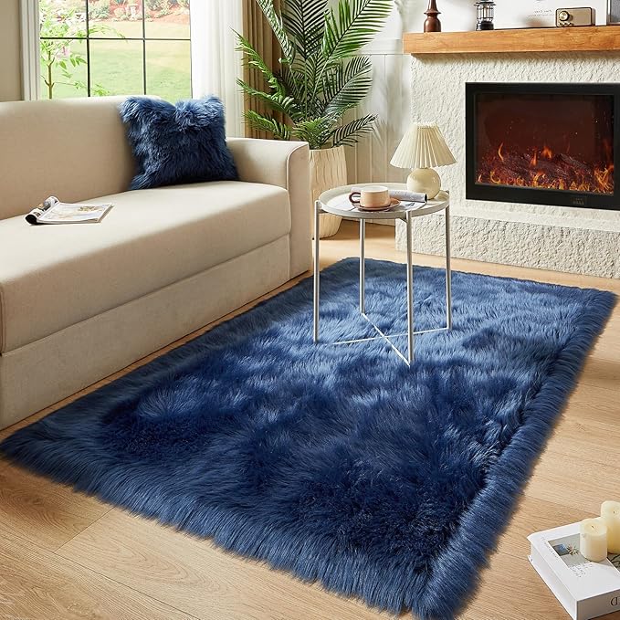 AMTOVO Faux Fur Sheepskin Rug for Living Room, 4 x 6 ft Dark Blue Fluffy Area Rug for Bedroom, Playroom, Luxury Room Decor, Rectangle-Ruum Studio Home