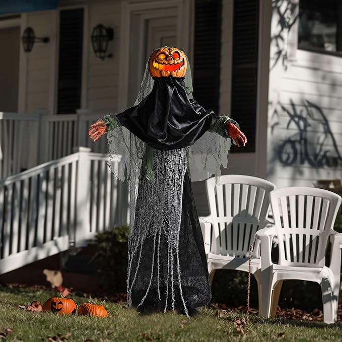 AW Scary Animated Halloween Decorations Jack-O-Lantern,Pumpkin Ghost Props 5.4 Ft Full Life Size with Motion/Sound Activated Glowing Head Horror Party Outdoor Indoor Decorations Farm Scarecrow 2025-Ruum Studio Home