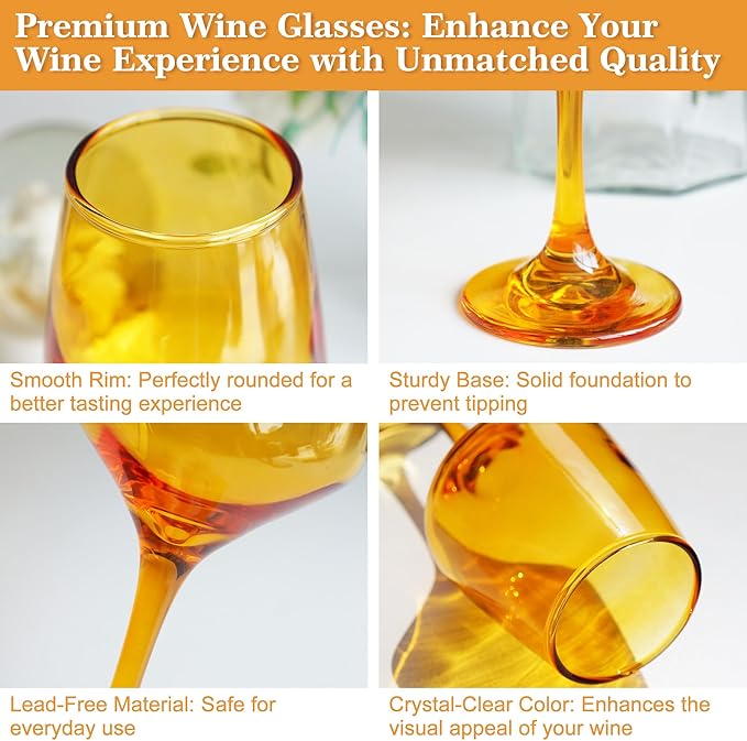 Amber Wine Glasses Set of 6-14oz Long Stem Wine Glass, Pretty Crystal Glassware, Hand Blown Goblets Drinkware, Unique Stemware Wine Glass Holiday Gift Set-Ruum Studio Home