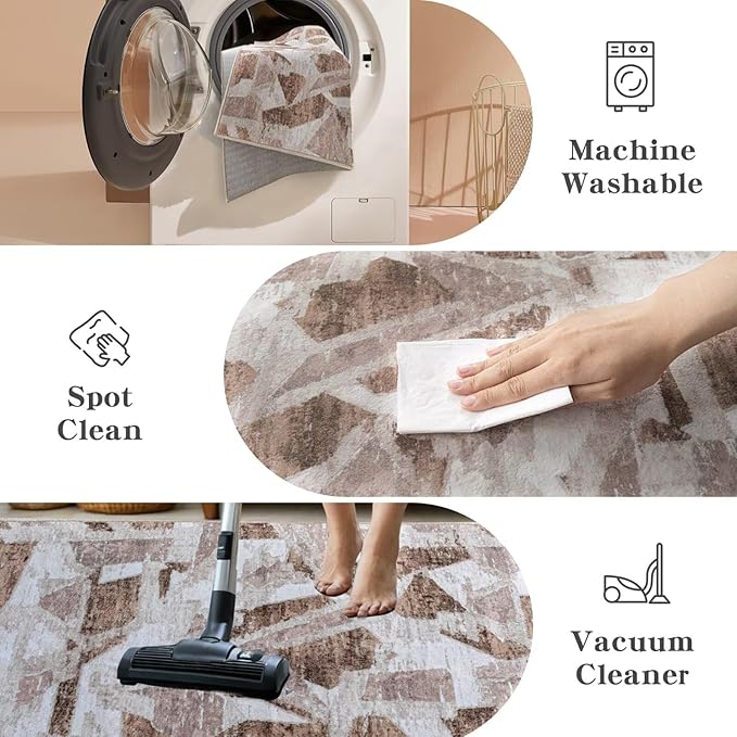 Modern Abstract 5X7 Area Rug for Living Room Bedroom Washable, with Non-Slip Rubber Backing Print Faux Wool Thin, Brown Throw Large Carpet for Kids Playroom Dining Room Pet & Child Friendly-Ruum Studio Home