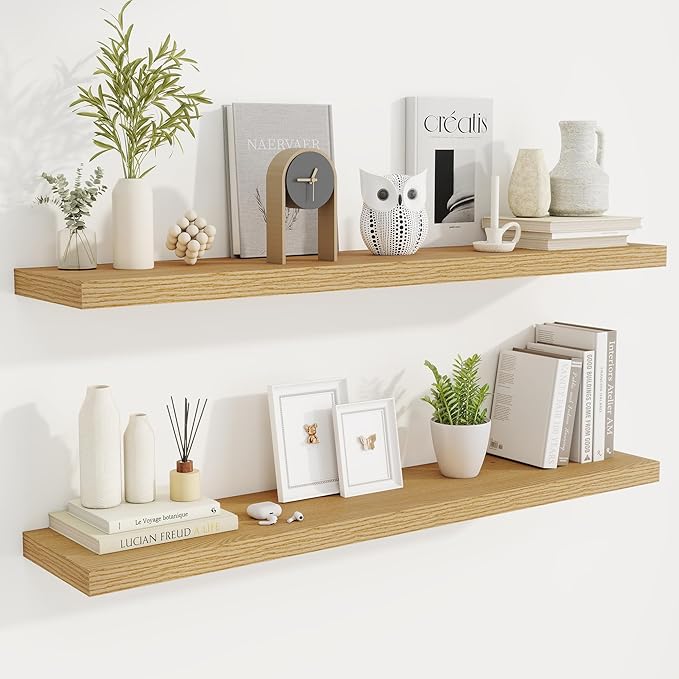 Fun Memories 48 Inch Deep Floating Shelves for Wall, 2 Pack of Long Wall Mounted Wood Shelves with Invisible Brackets for Bathroom, Bedroom, Living Room, Kitchen Decor and Storage, Oak-Ruum Studio Home