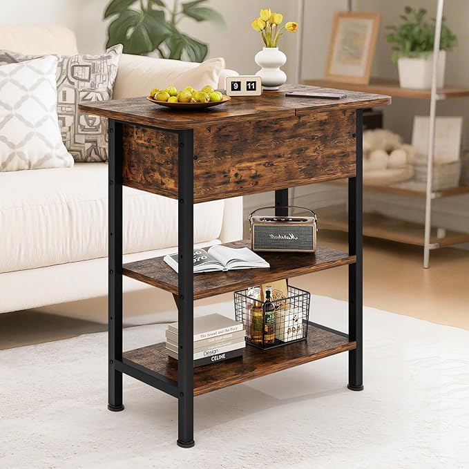 End Table with Charging Station, Flip Top Side Table with USB Ports and Outlets, 3-Tier Small Side Table with Storage for Small Space, End Tables for Living Room/Bedroom, Brown-Ruum Studio Home