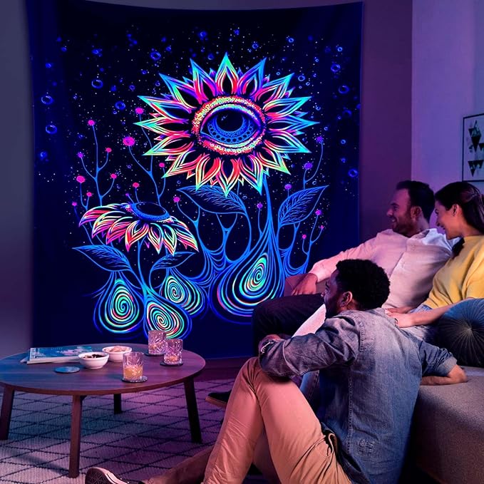 ADDWel Blacklight Sunflower Tapestry, Hippie Eye Tapestry Glow In The Dark, UV Reactive Black Light Upright Posters Wall Hanging for Bedroom Dorm Living Room Backdrop Decor-Ruum Studio Home