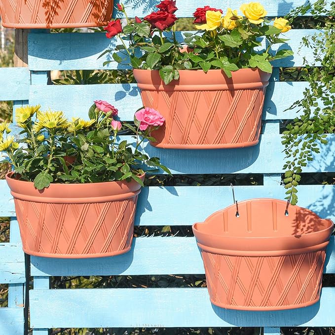 Sungmor Wall Hanging Planters,11.5 Inch Hanging Flower Pots for Railing Fence - Indoor Outdoor Balcony Wall Hanging Basket, Plastic Plant Pot Container - Half Round & 3PC Pack & Brick Red-Ruum Studio Home