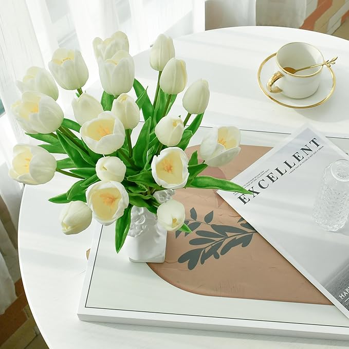 Mandy's Artificial Tulips 12 Stems White PU Faux Flowers for Wedding Home Decor 13.5 Inch-Ruum Studio Home