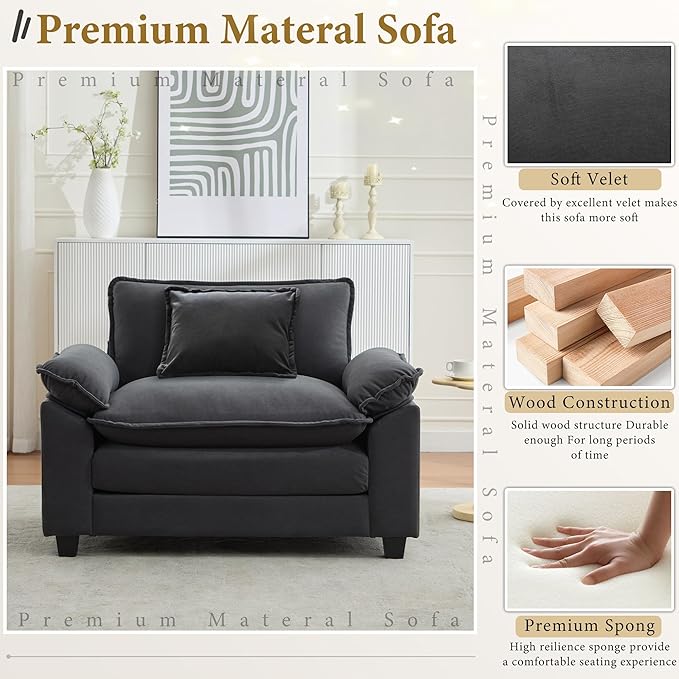 URRED Modular Sectional Sofa Comfy Cloud Couch, Modern Velvet Sofa Sleeper Deep Seat Couches with Ottoman/Pillows for Living Room (Dark Gray, 53'')-Ruum Studio Home