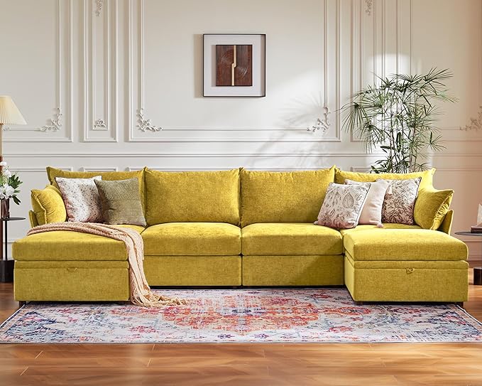 134.6" Luxury Modular Sectional Convertible Sofa with Storage Ottoman, L-Shape 5-Seat Oversized Comfy Couch Deep Seat with Reversible Chaise - Chenille Yellow-Ruum Studio Home