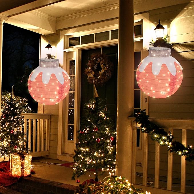 BRIGHTDECK Outdoor Christmas Ornaments, Lighted Pop-Up Outdoor Holiday Ball Decoration with 80 LED Lights, 8 Light Modes, Lighted Collapsible Holiday Decorations for Yard, Home (Pink)-Ruum Studio Home