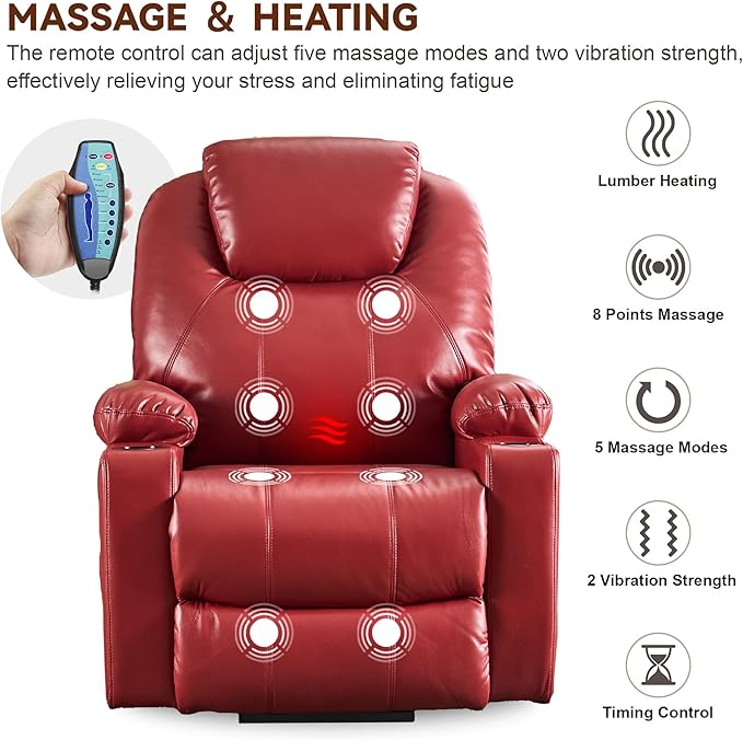 SALOHZA Power Lift Recliner Chair for Elderly with Massage and Heat for Living Room, Electric Recliner Chair for Adults with USB/Type C Port/Cup Holders, PU Faux Leather, Red-Ruum Studio Home