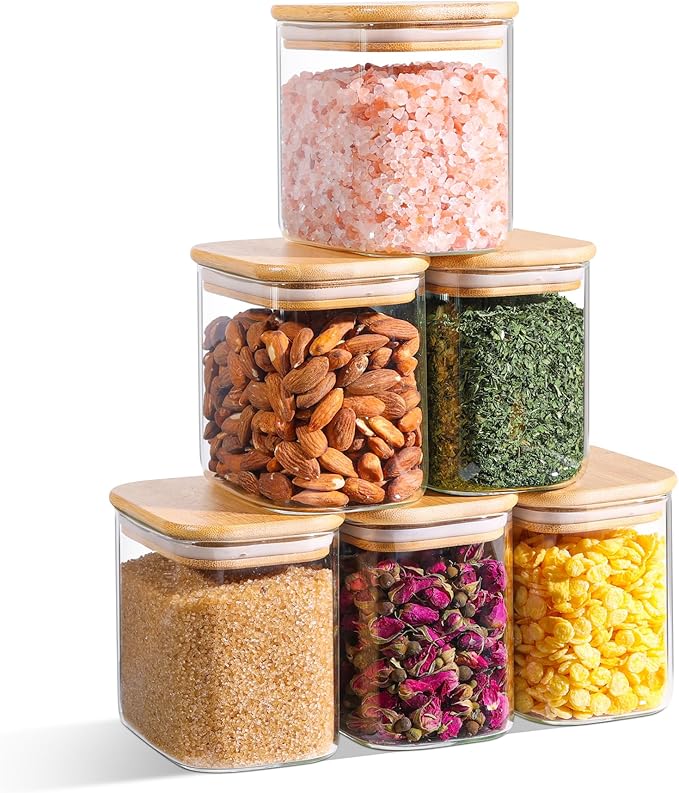 ComSaf 0.7 Qt Rectangle Glass Storage Containers with Lids, Glass Jars with Bamboo Lids, Clear Food Jar, Sugar Coffee Containers, Small Pantry Storage Container for Tea Candy Nuts Spices Oat-Ruum Studio Home