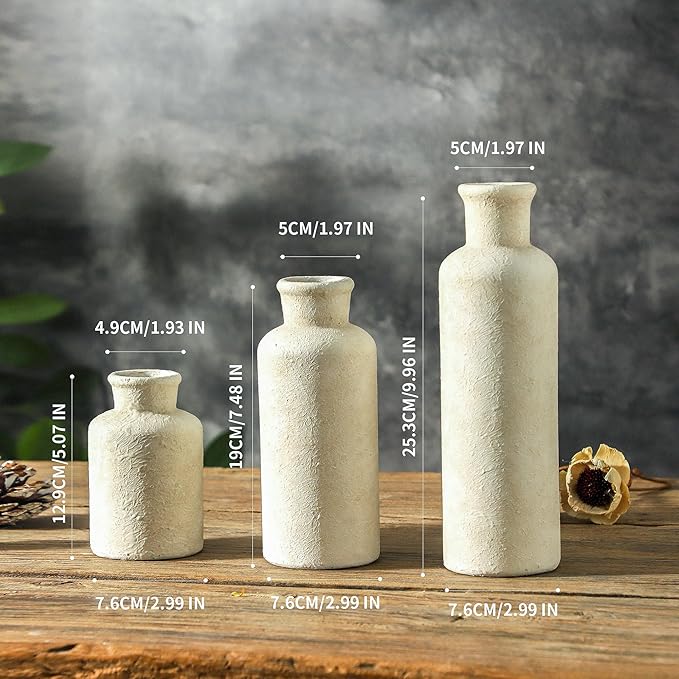 Ceramic Vases Set of 3, Whitewashed Neutral Flower Vases Home Decor, Pottery Rustic Farmhouse Decorative Vases Modern Decor for Table Mantel Entryway Bookshelf Living Room Kitchen Bedroom-Ruum Studio Home